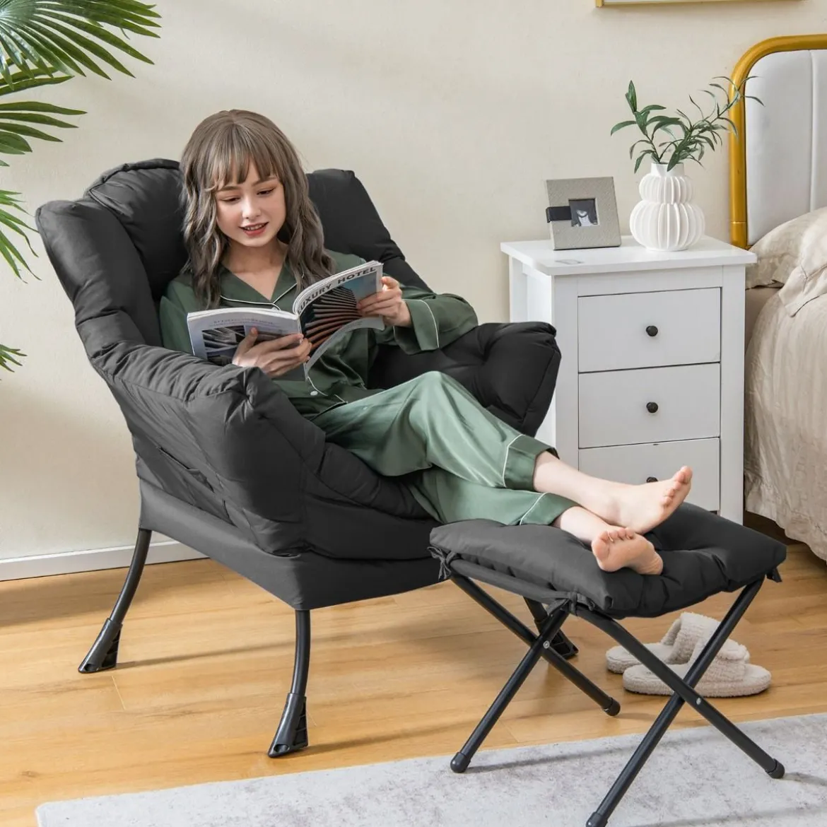 Sessel mit Hocker & Armlehnen & Seitentasche & Fußstütze Relaxsessel Ohrensessel