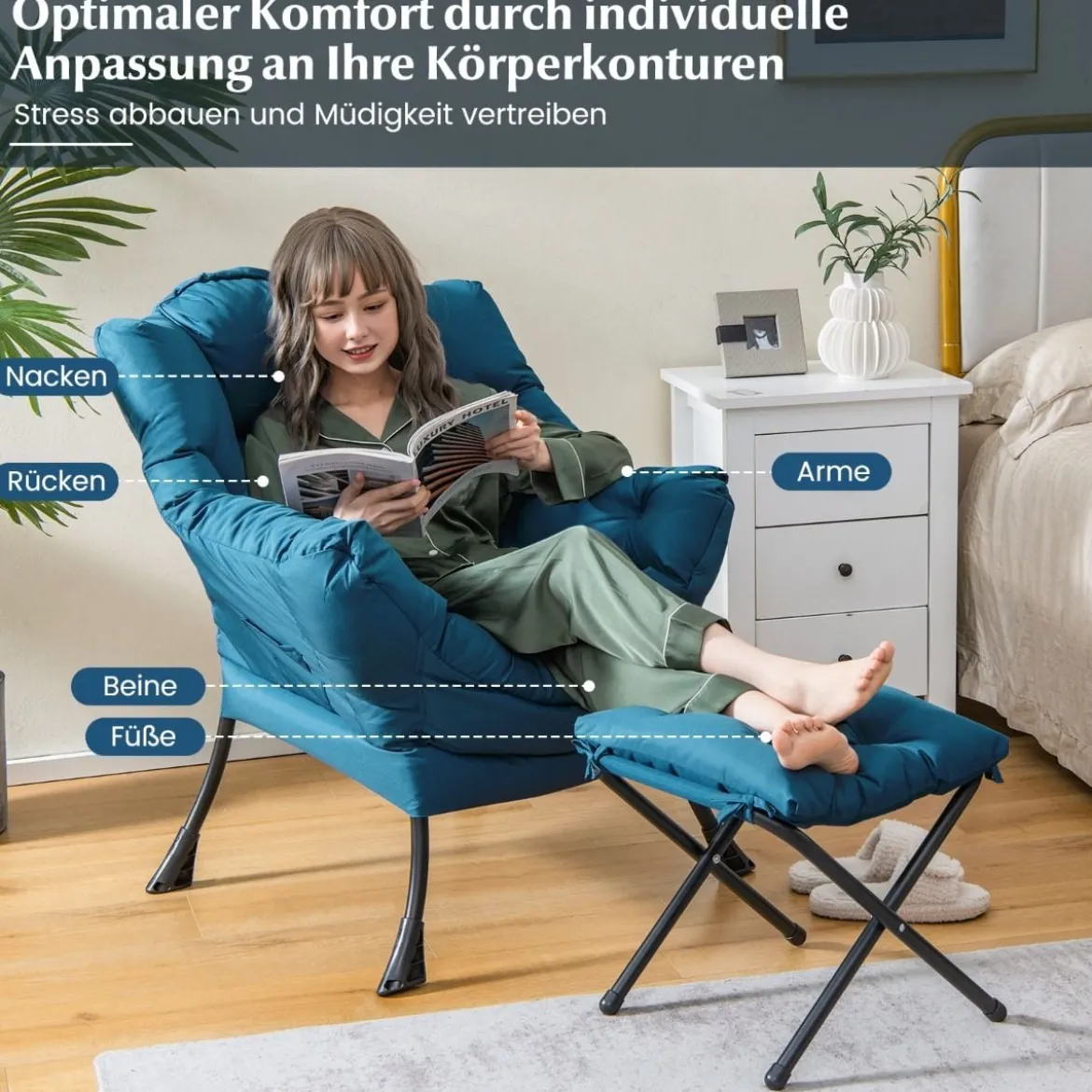 Sessel mit Hocker & Armlehnen & Seitentasche & Fußstütze Relaxsessel Ohrensessel