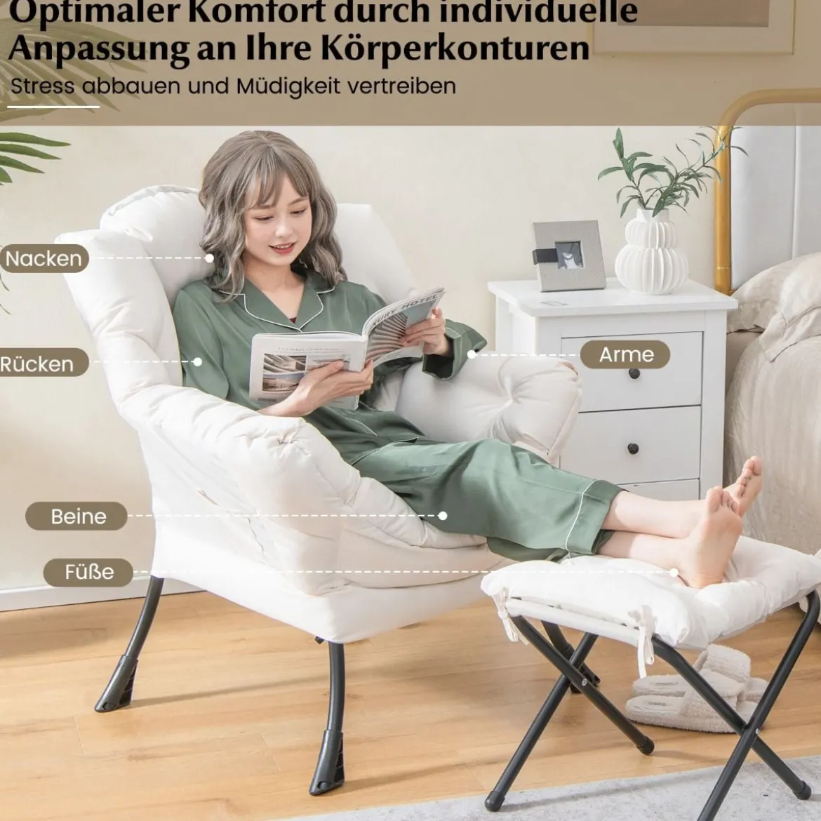 Sessel mit Hocker & Armlehnen & Seitentasche & Fußstütze Relaxsessel Ohrensessel