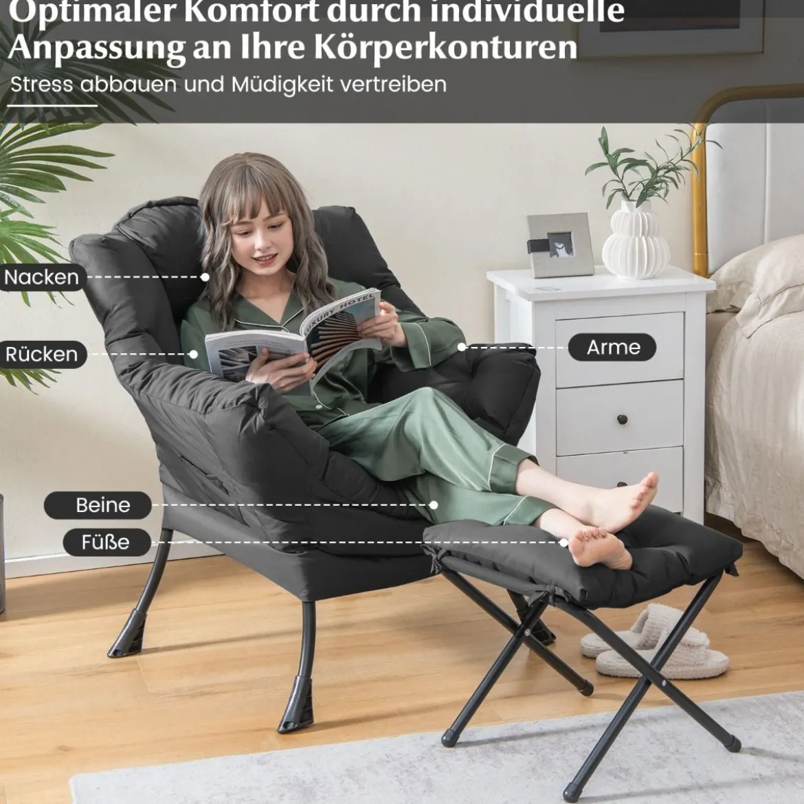Sessel mit Hocker & Armlehnen & Seitentasche & Fußstütze Relaxsessel Ohrensessel