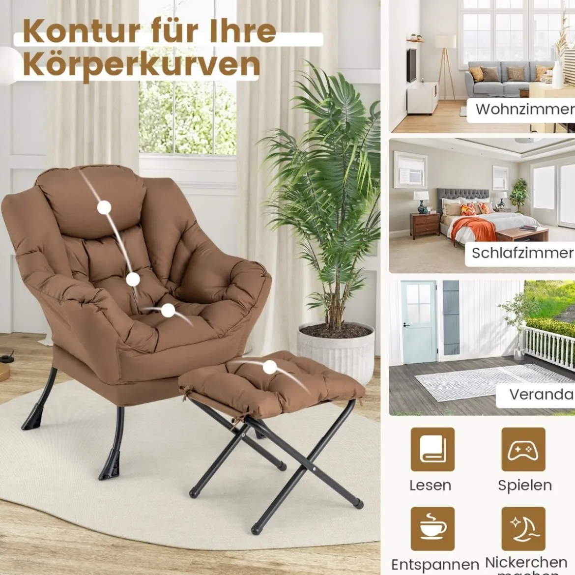 Sessel mit Hocker & Armlehnen & Seitentasche & Fußstütze Relaxsessel Ohrensessel