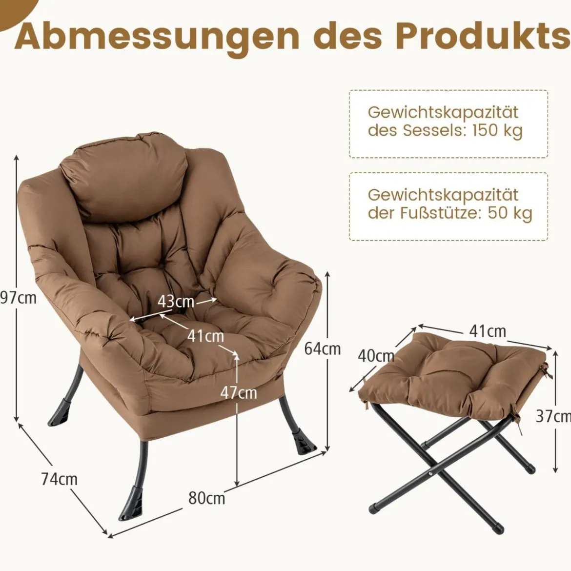 Sessel mit Hocker & Armlehnen & Seitentasche & Fußstütze Relaxsessel Ohrensessel