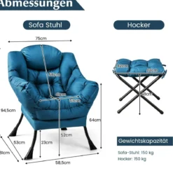 Sessel mit Hocker & Armlehnen & Seitentasche & Fußstütze Relaxsessel Ohrensessel