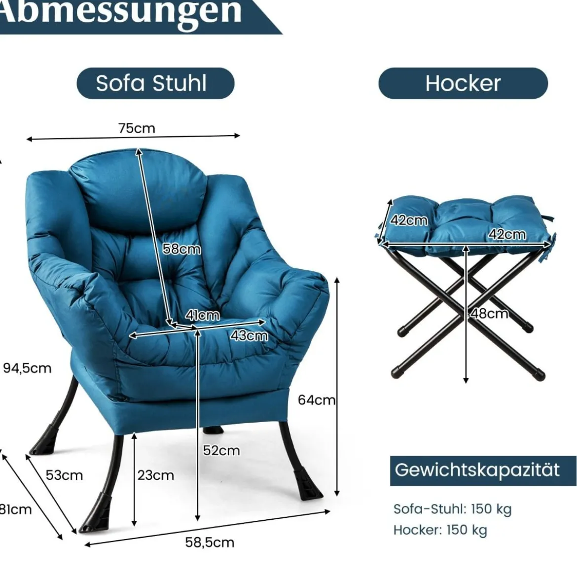Sessel mit Hocker & Armlehnen & Seitentasche & Fußstütze Relaxsessel Ohrensessel