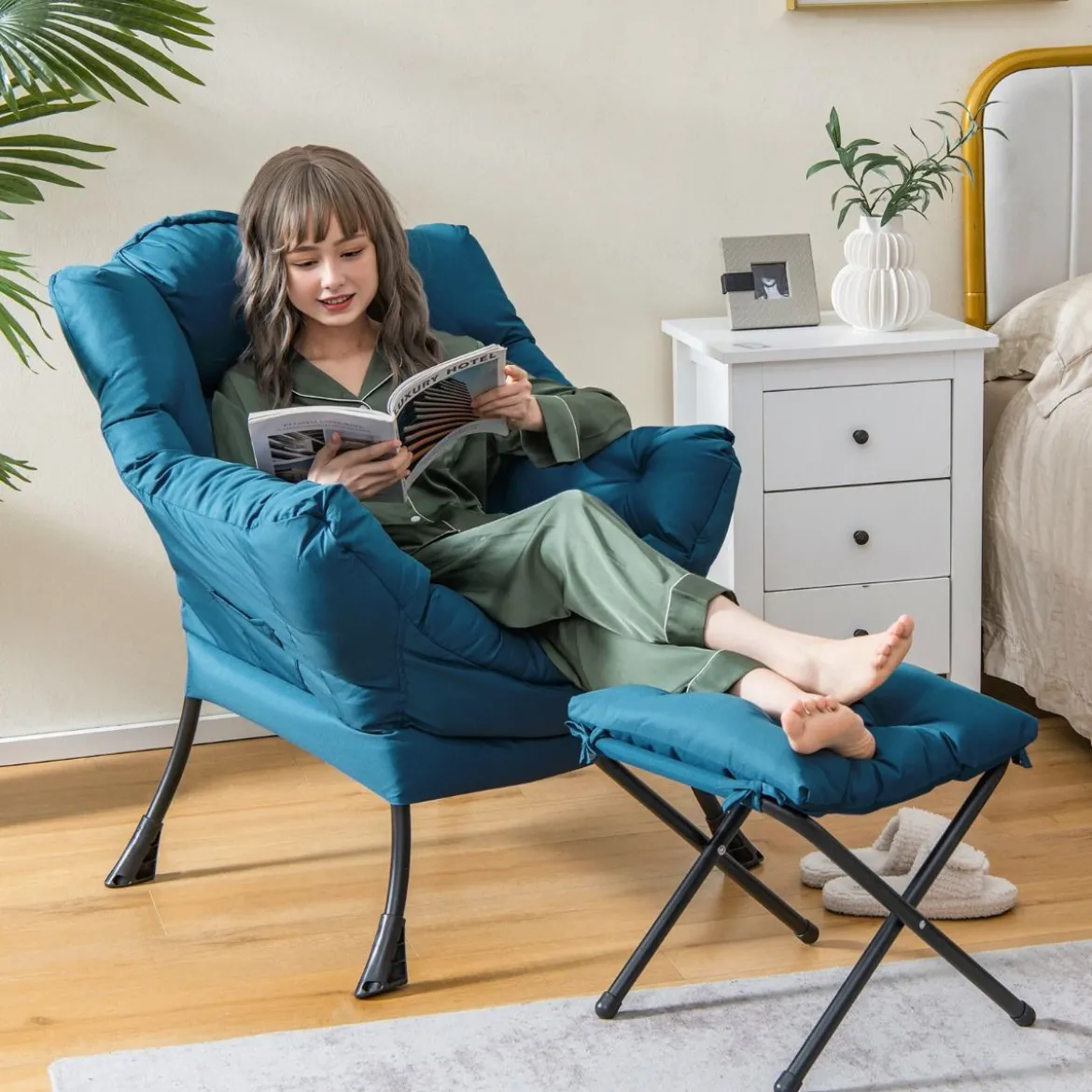 Sessel mit Hocker & Armlehnen & Seitentasche & Fußstütze Relaxsessel Ohrensessel