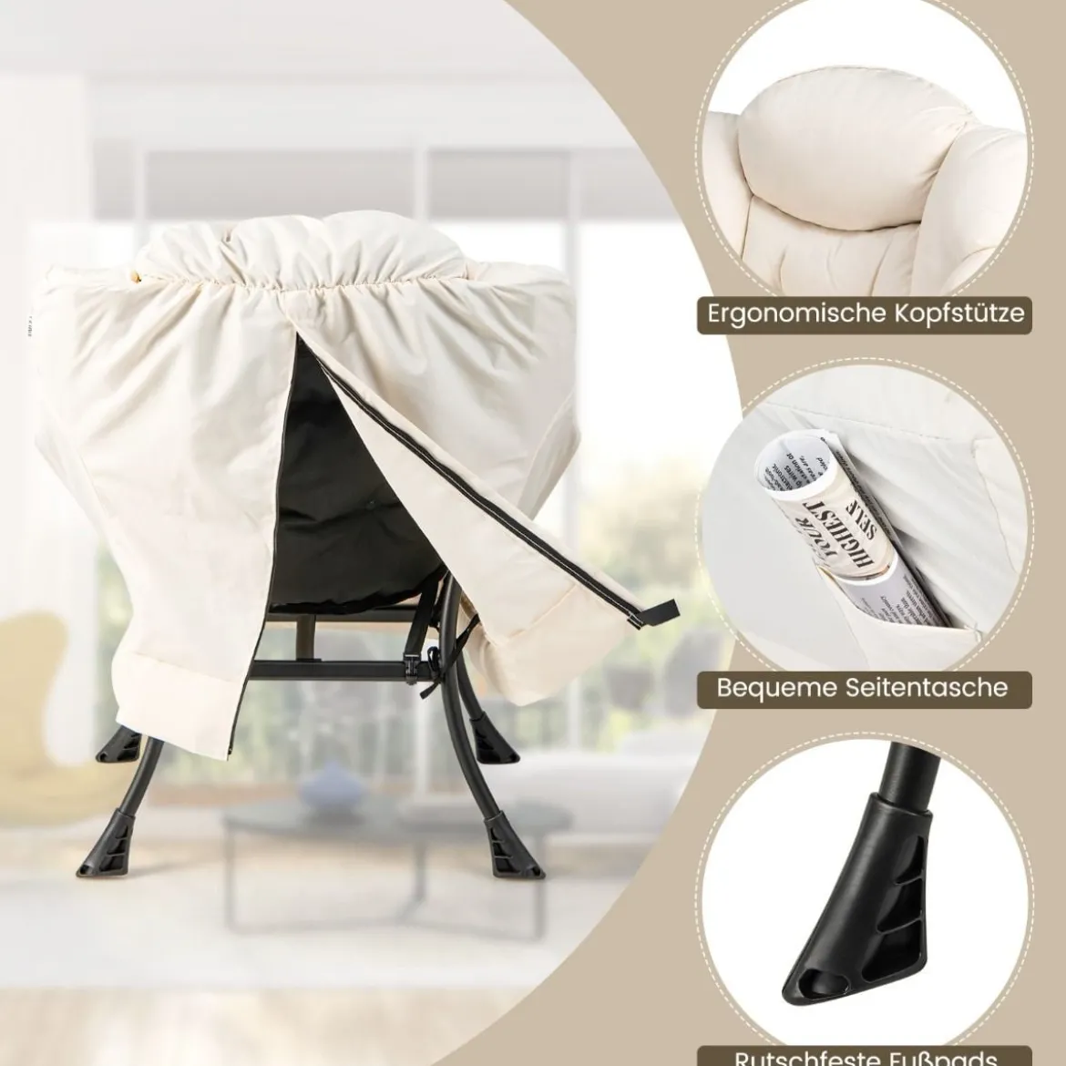 Sessel mit Hocker & Armlehnen & Seitentasche & Fußstütze Relaxsessel Ohrensessel