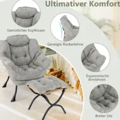 Sessel mit Hocker & Armlehnen & Seitentasche & Doppelseitiger Fußstütze Relaxsessel Grau