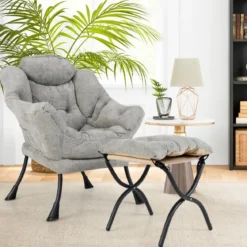 Sessel mit Hocker & Armlehnen & Seitentasche & Doppelseitiger Fußstütze Relaxsessel Grau