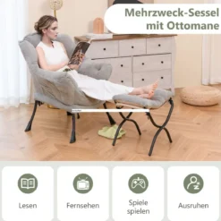 Sessel mit Hocker & Armlehnen & Seitentasche & Doppelseitiger Fußstütze Relaxsessel Grau