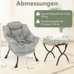 Sessel mit Hocker & Armlehnen & Seitentasche & Doppelseitiger Fußstütze Relaxsessel Grau