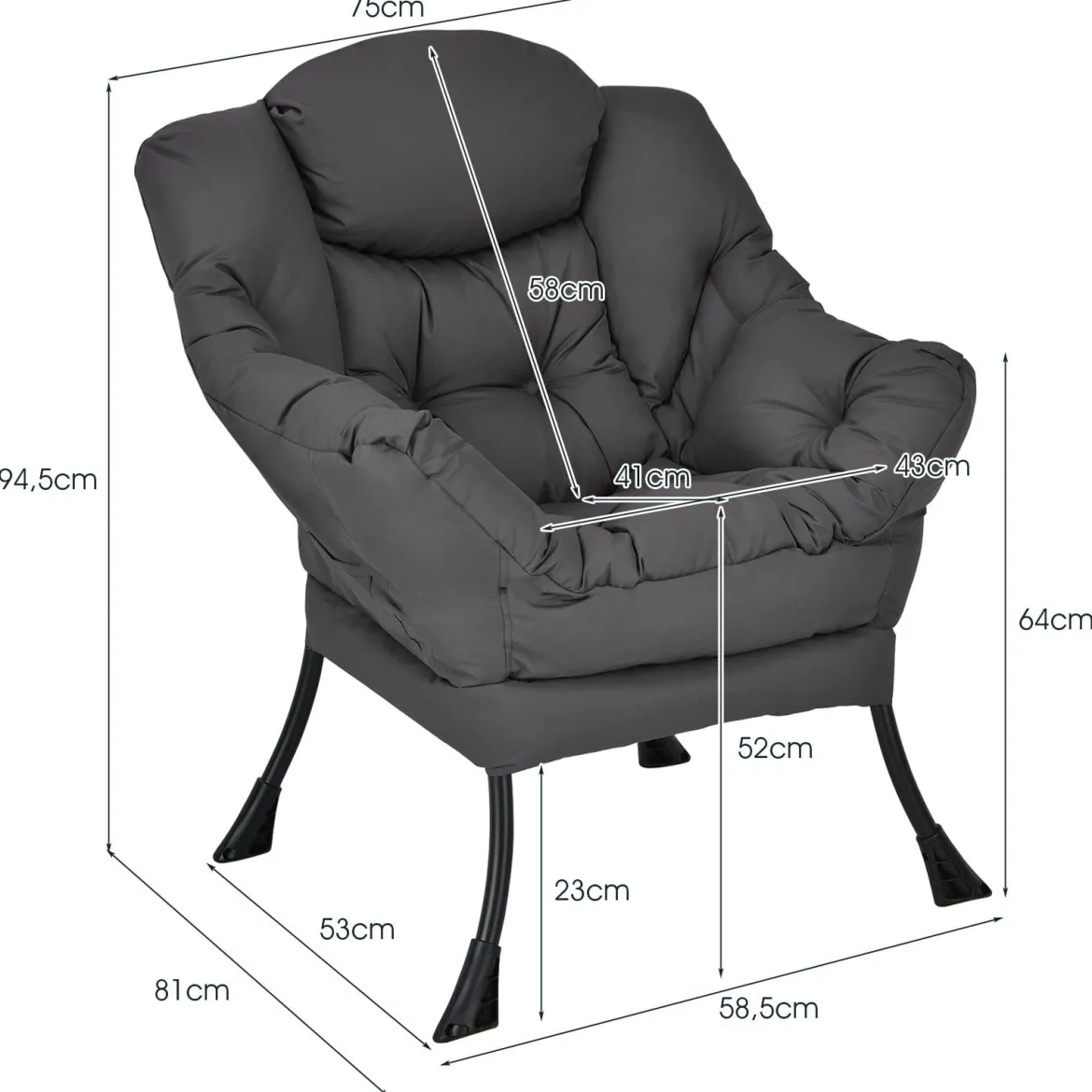 Sessel modern Relaxsessel mit Armlehnen & Seitentasche Freizeitsessel aus Polyestergewebe Ohrensessel für Wohnzimmer Grau