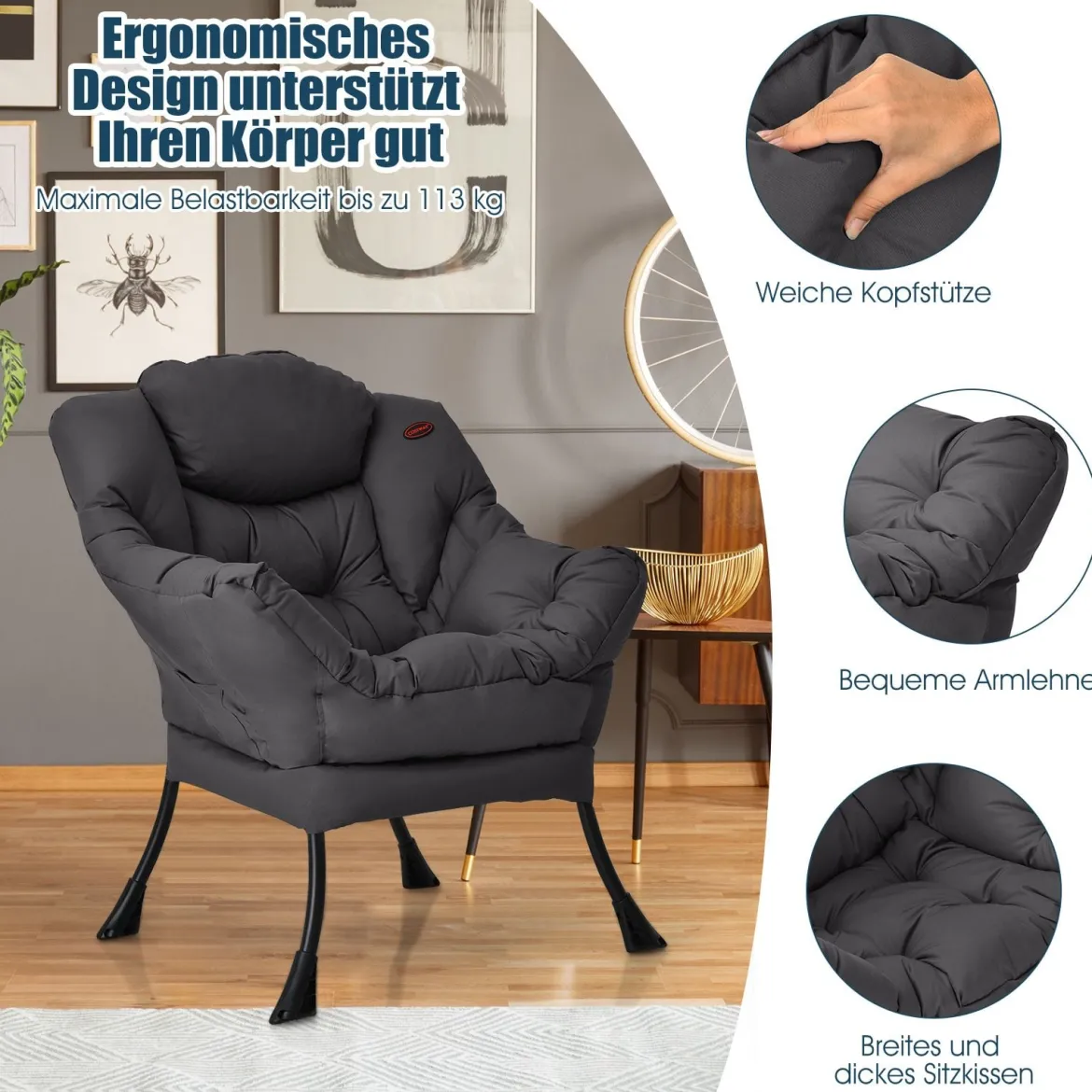 Sessel modern Relaxsessel mit Armlehnen & Seitentasche Freizeitsessel aus Polyestergewebe Ohrensessel für Wohnzimmer Grau