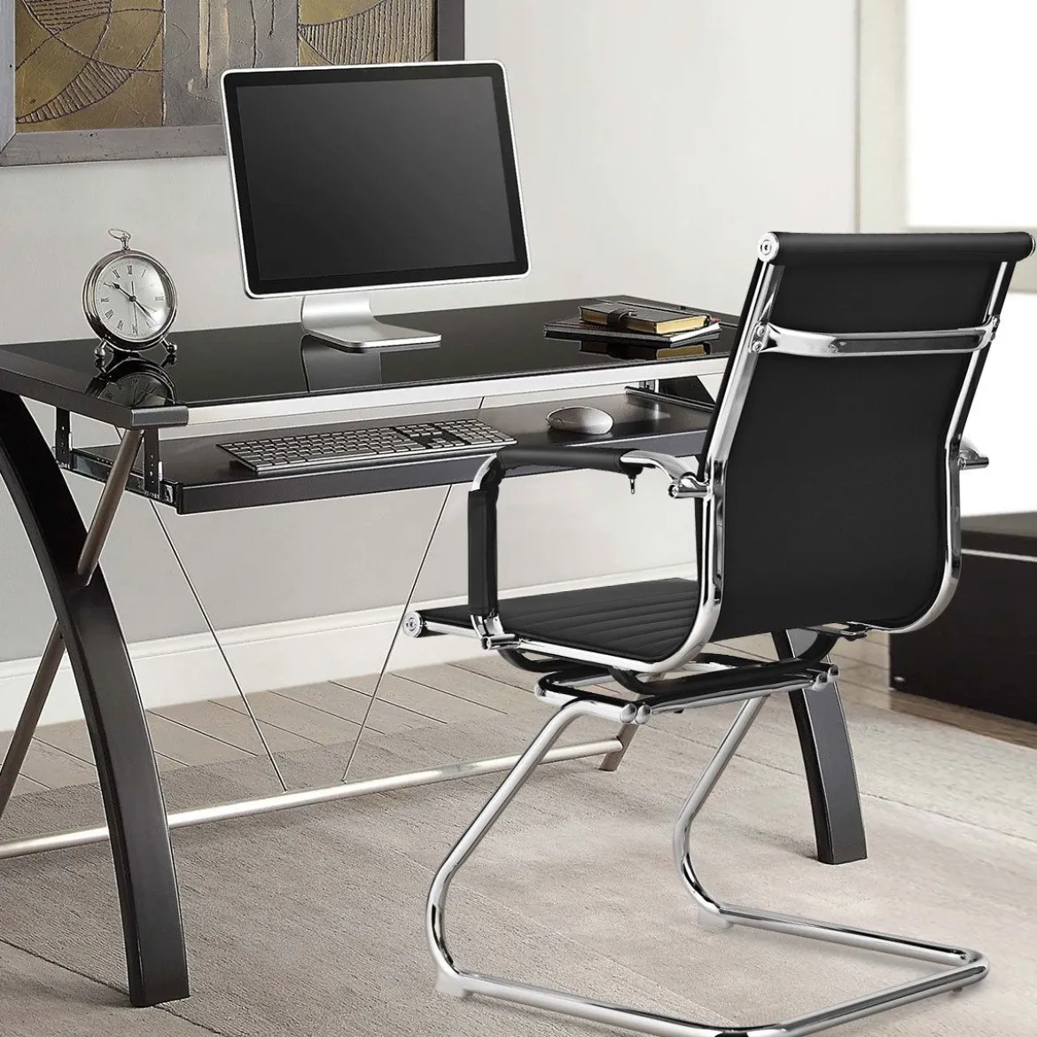 Set aus 6 Bürostühlen Moderne Konferenzstühle mit Mittlerer Rückenlehne & Kufengestell Schwarz