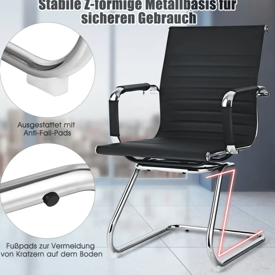 Set aus 6 Bürostühlen Moderne Konferenzstühle mit Mittlerer Rückenlehne & Kufengestell Schwarz