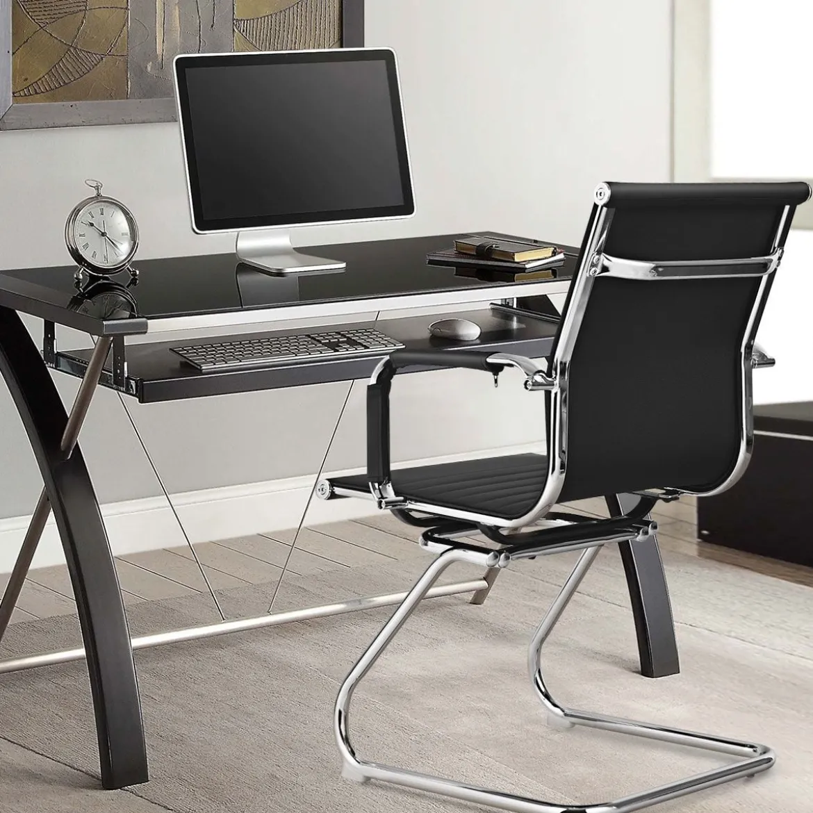 Set aus 6 Bürostühlen Moderne Konferenzstühle mit Mittlerer Rückenlehne & Kufengestell Schwarz
