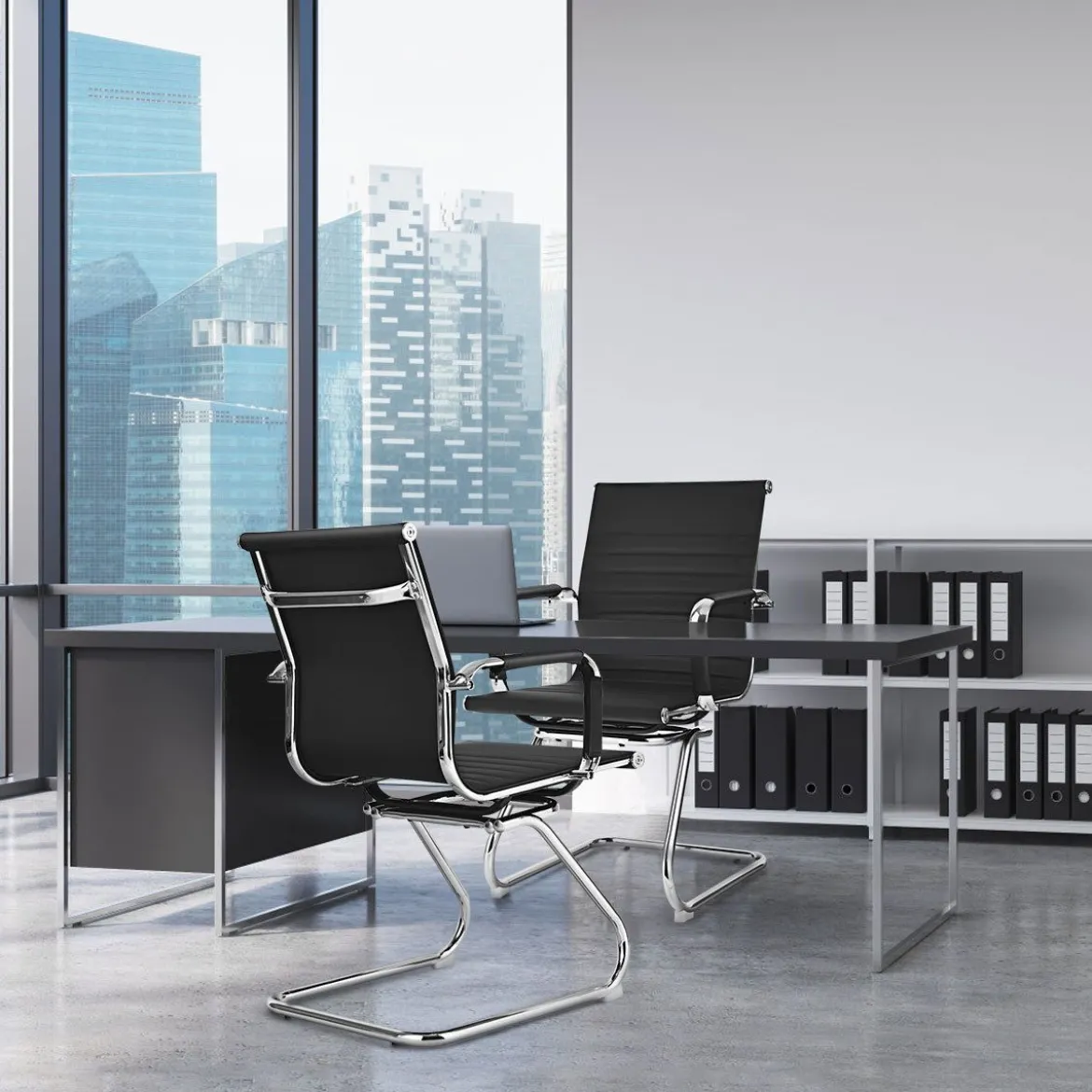 Set aus 6 Bürostühlen Moderne Konferenzstühle mit Mittlerer Rückenlehne & Kufengestell Schwarz