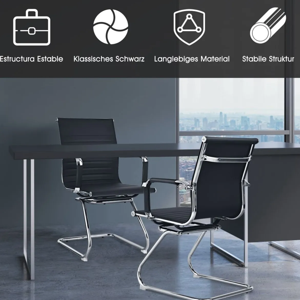 Set aus 6 Bürostühlen Moderne Konferenzstühle mit Mittlerer Rückenlehne & Kufengestell Schwarz
