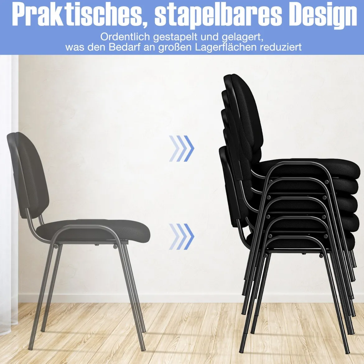 Set aus 5 Wartezimmerstühlen stapelbare Empfangs-Gäste-Stühle mit Wasserfall-Sitz Schwarz