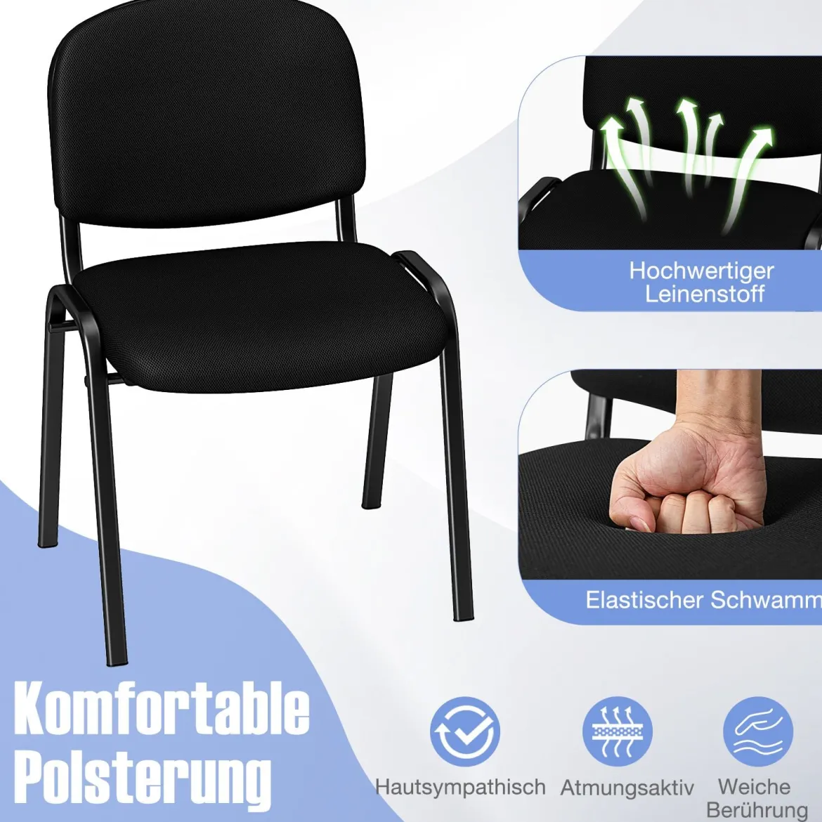 Set aus 5 Wartezimmerstühlen stapelbare Empfangs-Gäste-Stühle mit Wasserfall-Sitz Schwarz