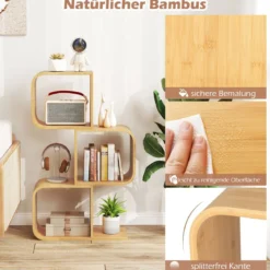 S-förmiges Bücherregal aus Bambus mit 3 Ebenen Standregal Würfelregal Büroregal 61 x 23 x 100 cm
