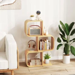 S-förmiges Bücherregal aus Bambus mit 3 Ebenen Standregal Würfelregal Büroregal 61 x 23 x 100 cm