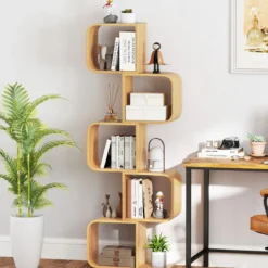 S-förmiges Bücherregal Bambus Standregal mit 5 Ebenen Würfelregal Büroregal Natur