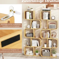 S-förmiges Bücherregal Bambus Standregal mit 5 Ebenen Würfelregal Büroregal Natur