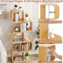 S-förmiges Bücherregal Bambus Standregal mit 5 Ebenen Würfelregal Büroregal Natur