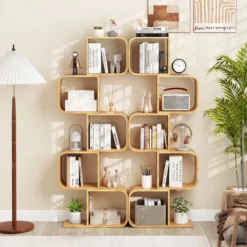 S-förmiges Bücherregal Bambus Standregal mit 5 Ebenen Würfelregal Büroregal Natur