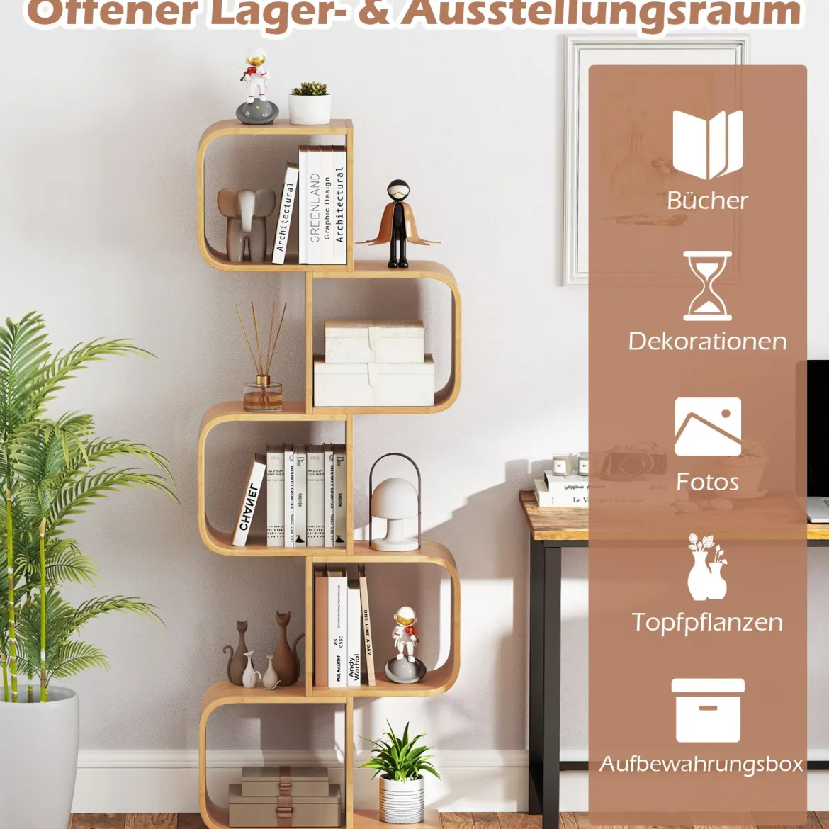 S-förmiges Bücherregal Bambus Standregal mit 5 Ebenen Würfelregal Büroregal Natur