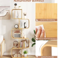 S-förmiges Bücherregal Bambus Standregal mit 5 Ebenen Würfelregal Büroregal Natur