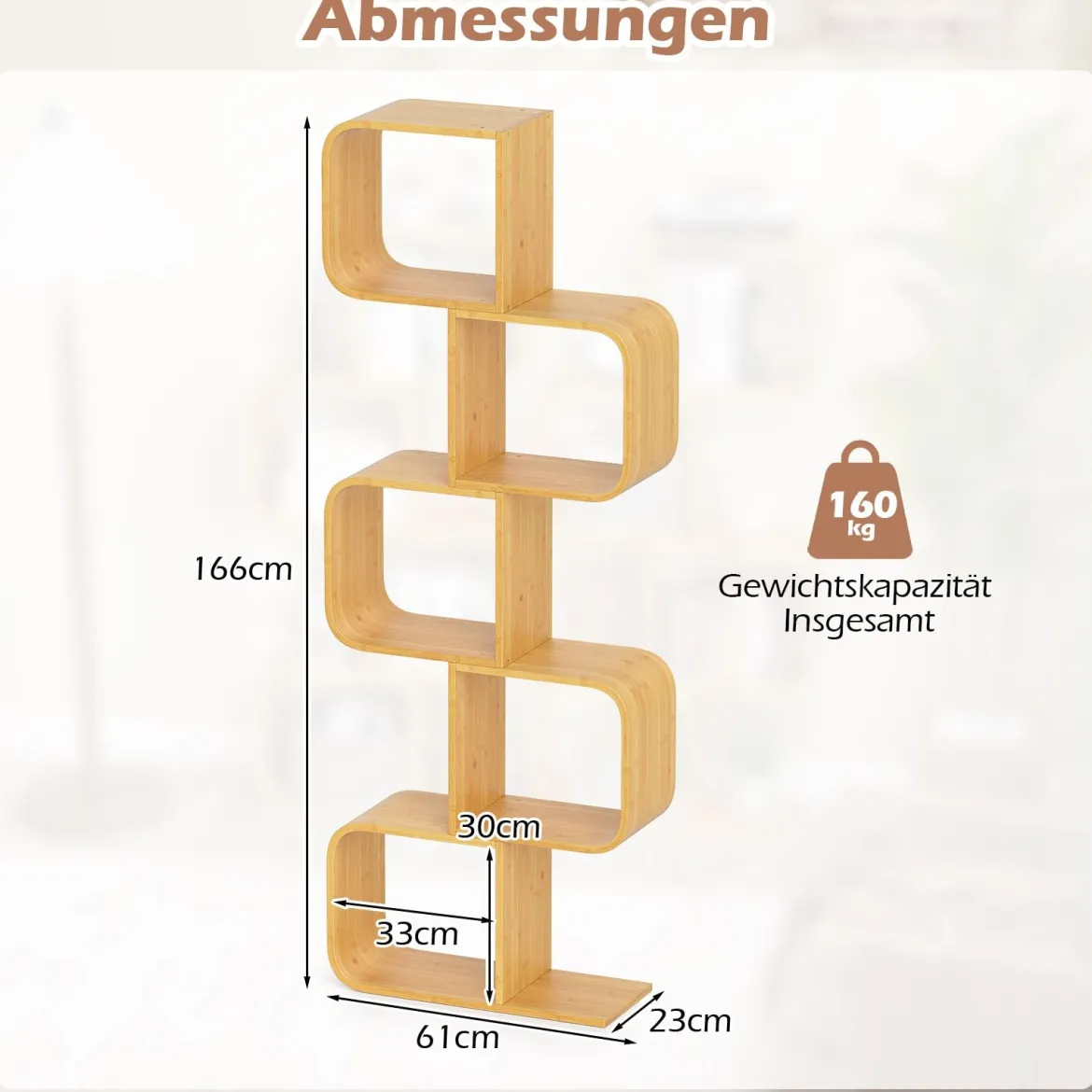 S-förmiges Bücherregal Bambus Standregal mit 5 Ebenen Würfelregal Büroregal Natur