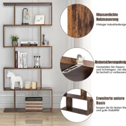 S-förmiges Bücherregal Holz Bücherschrank 5 Ebenen Standregal Vintage 70 x 24 x 158 cm Braun