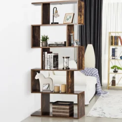 S-förmiges Bücherregal Holz Bücherschrank 5 Ebenen Standregal Vintage 70 x 24 x 158 cm Braun