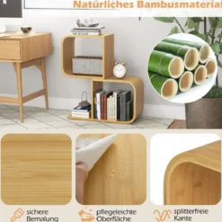 S-förmiges Bücherregal mit 2 Offenen Würfeln Geometrisches Eckregal Bambusregal