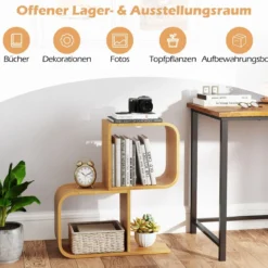 S-förmiges Bücherregal mit 2 Offenen Würfeln Geometrisches Eckregal Bambusregal
