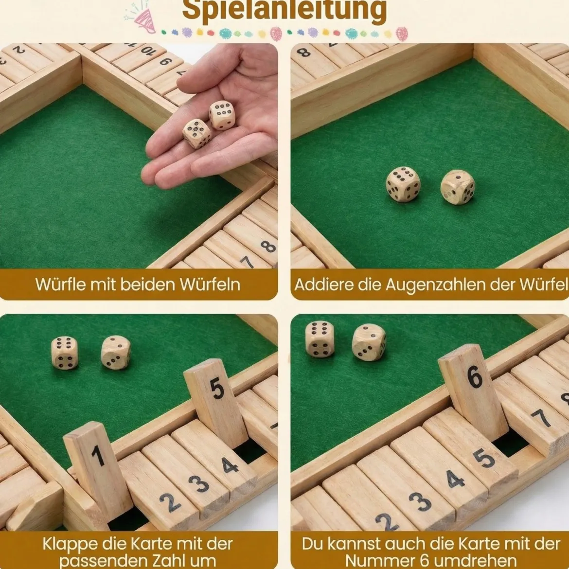 Shut The Box Spiel für 2-4 Spieler Würfelspiel mit 2 Würfel & Robustem Kiefernholz Klappenspiel Natur