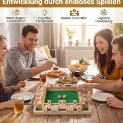 Shut The Box Spiel für 2-4 Spieler Würfelspiel mit 2 Würfel & Robustem Kiefernholz Klappenspiel Natur