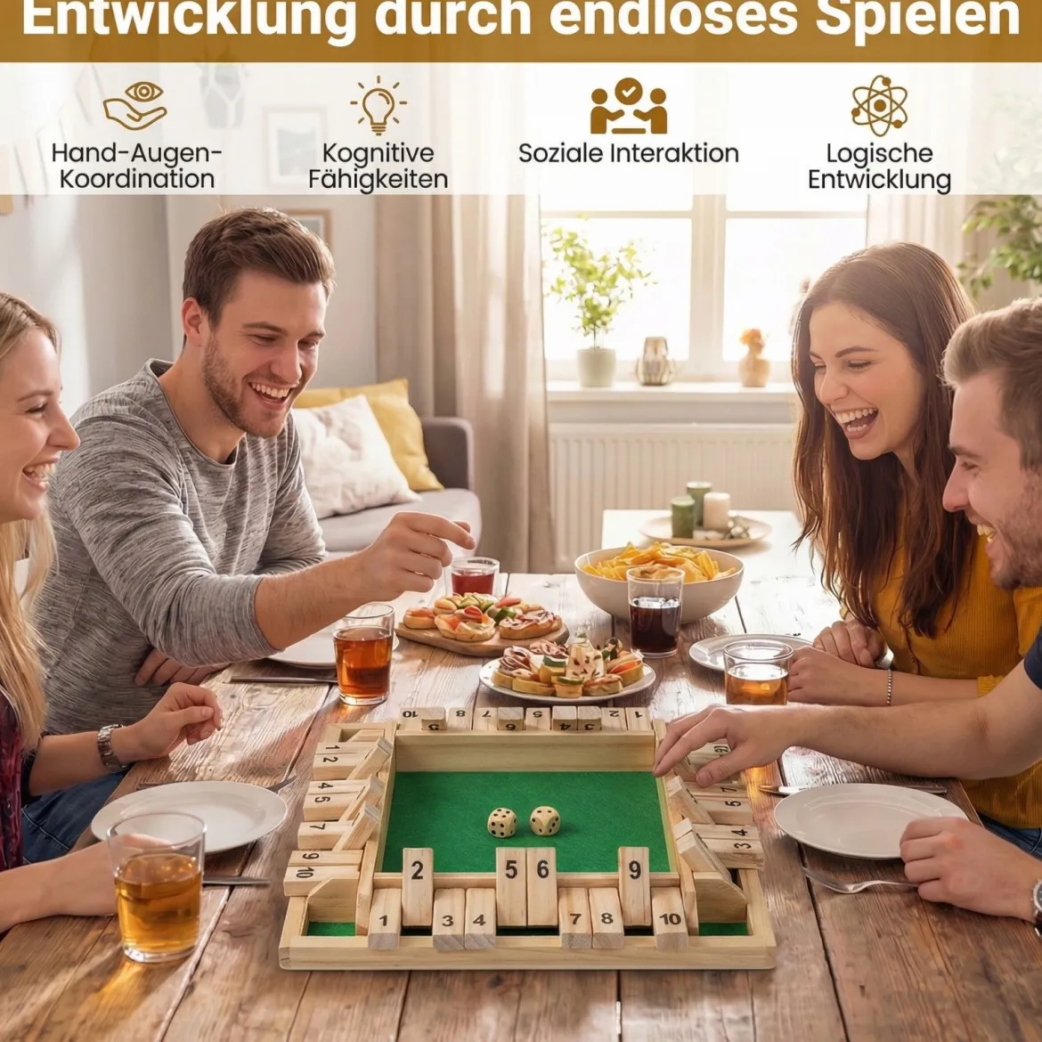 Shut The Box Spiel für 2-4 Spieler Würfelspiel mit 2 Würfel & Robustem Kiefernholz Klappenspiel Natur
