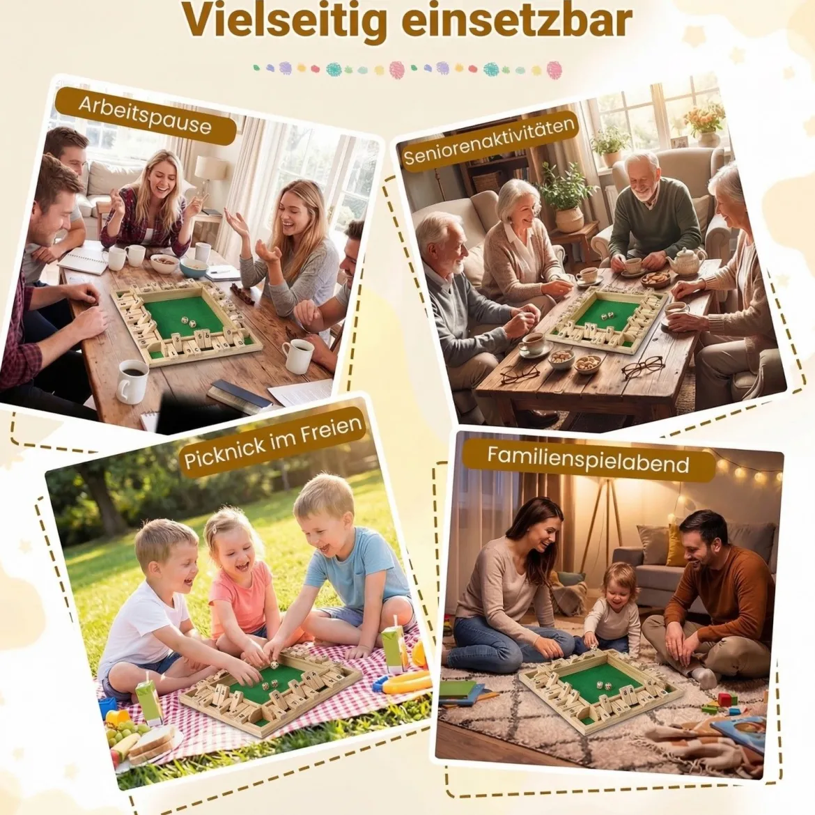 Shut The Box Spiel für 2-4 Spieler Würfelspiel mit 2 Würfel & Robustem Kiefernholz Klappenspiel Natur