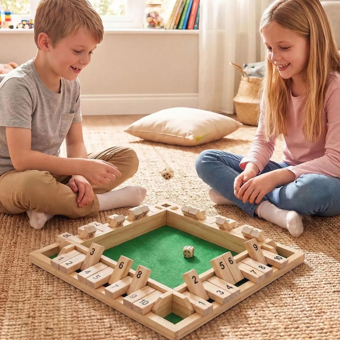 Shut The Box Spiel für 2-4 Spieler Würfelspiel mit 2 Würfel & Robustem Kiefernholz Klappenspiel Natur