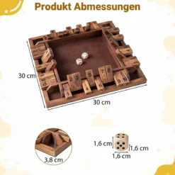 Shut The Box Spiel für 2-4 Spieler Würfelspiel mit 2 Würfel & Robustem Kiefernholz Klappenspiel Braun