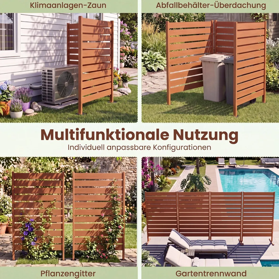 Sichtschutzzaun aus HIPS 93 x 63,5 cm Wetterfester Gartenzaun in Holzoptik mit Metallerdspießen
