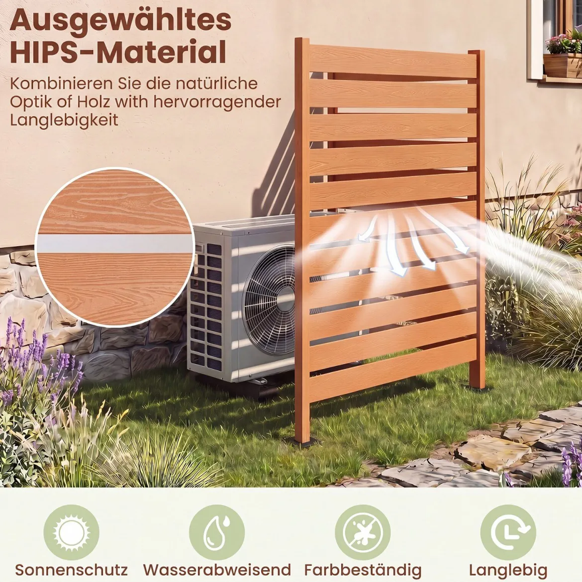 Sichtschutzzaun aus HIPS 93 x 63,5 cm Wetterfester Gartenzaun in Holzoptik mit Metallerdspießen
