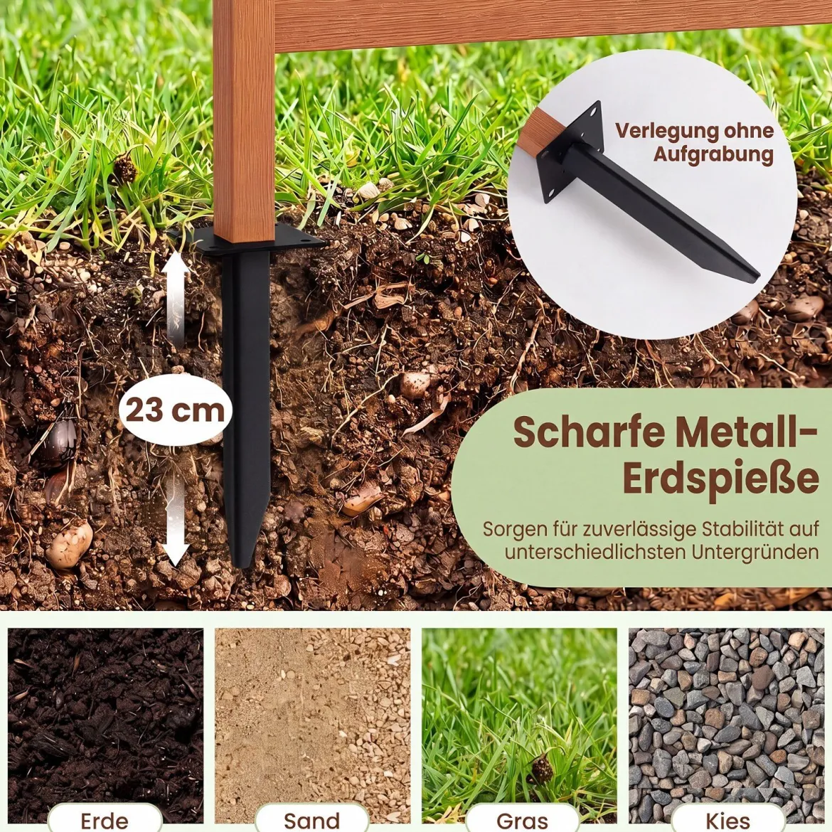 Sichtschutzzaun aus HIPS 93 x 63,5 cm Wetterfester Gartenzaun in Holzoptik mit Metallerdspießen
