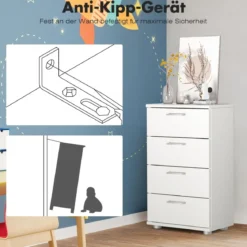 Sideboard aus Holz mit 4 Schubladen & Metallschienen & Kippsicherung Weiß