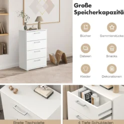 Sideboard aus Holz mit 4 Schubladen & Metallschienen & Kippsicherung Weiß