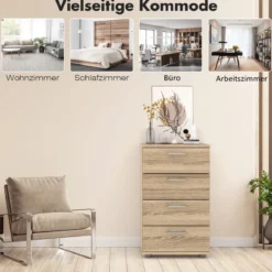 Sideboard aus Holz mit 4 Schubladen & Metallschienen & Kippsicherung Natur