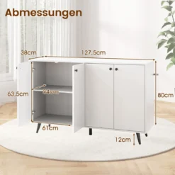 Sideboard Holz Kommode mit 4 Türen & 5-fach verstellbare Ablagen 127,5 x 38 x 80 cm Weiß