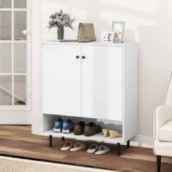 Sideboard Holz Kommode mit verstellbaren Ablagen & 2 Türen Anrichteschrank Buffetschrank Küchenschrank 75 x 35 x 95 cm Weiß